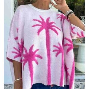 Chunky Oversized Palm Tree Sweater Women OS Pink Boho Whimsical Indie Novelty